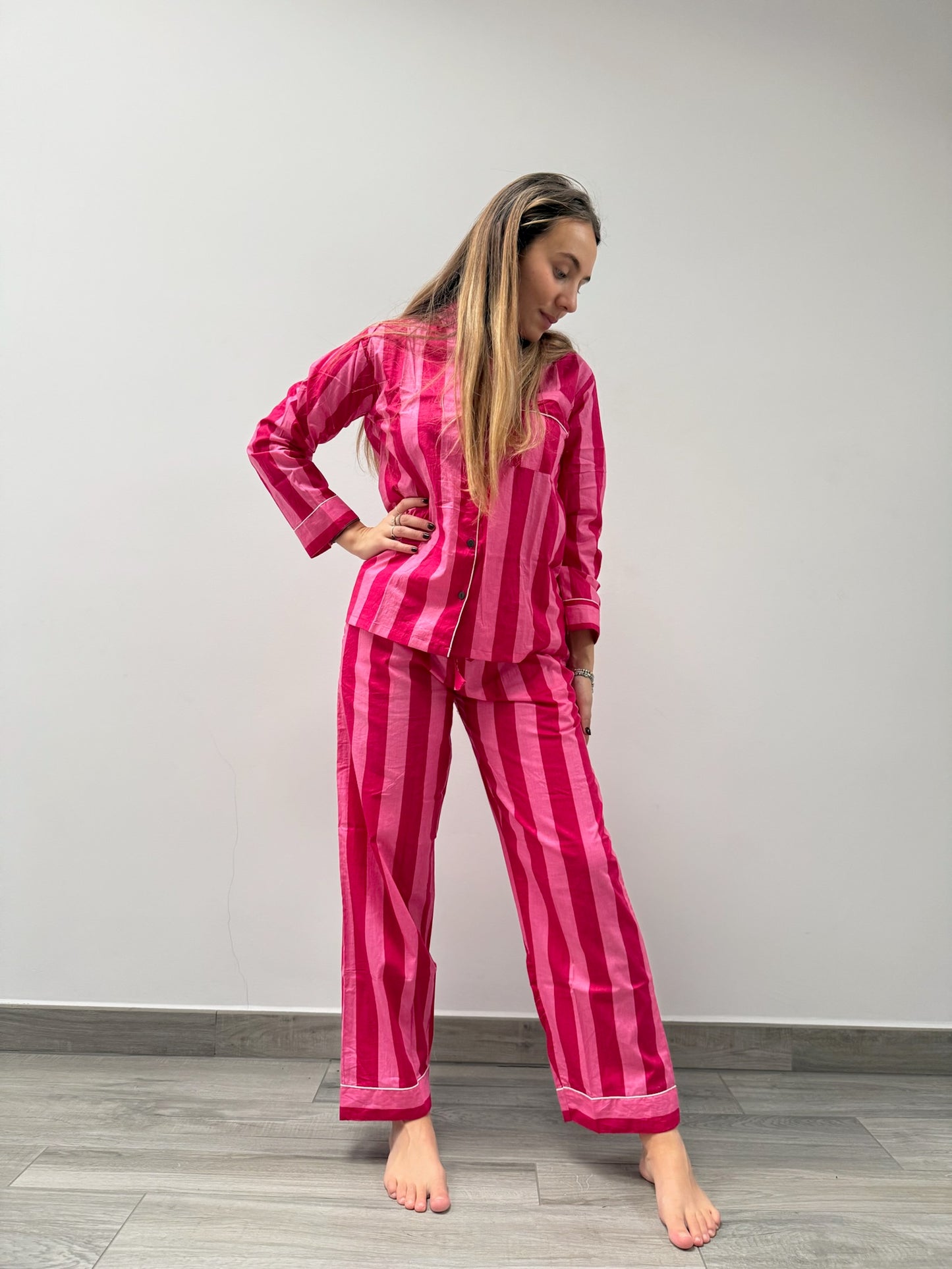 Pigiama 100% puro cotone organico a righe, made in Jaipur