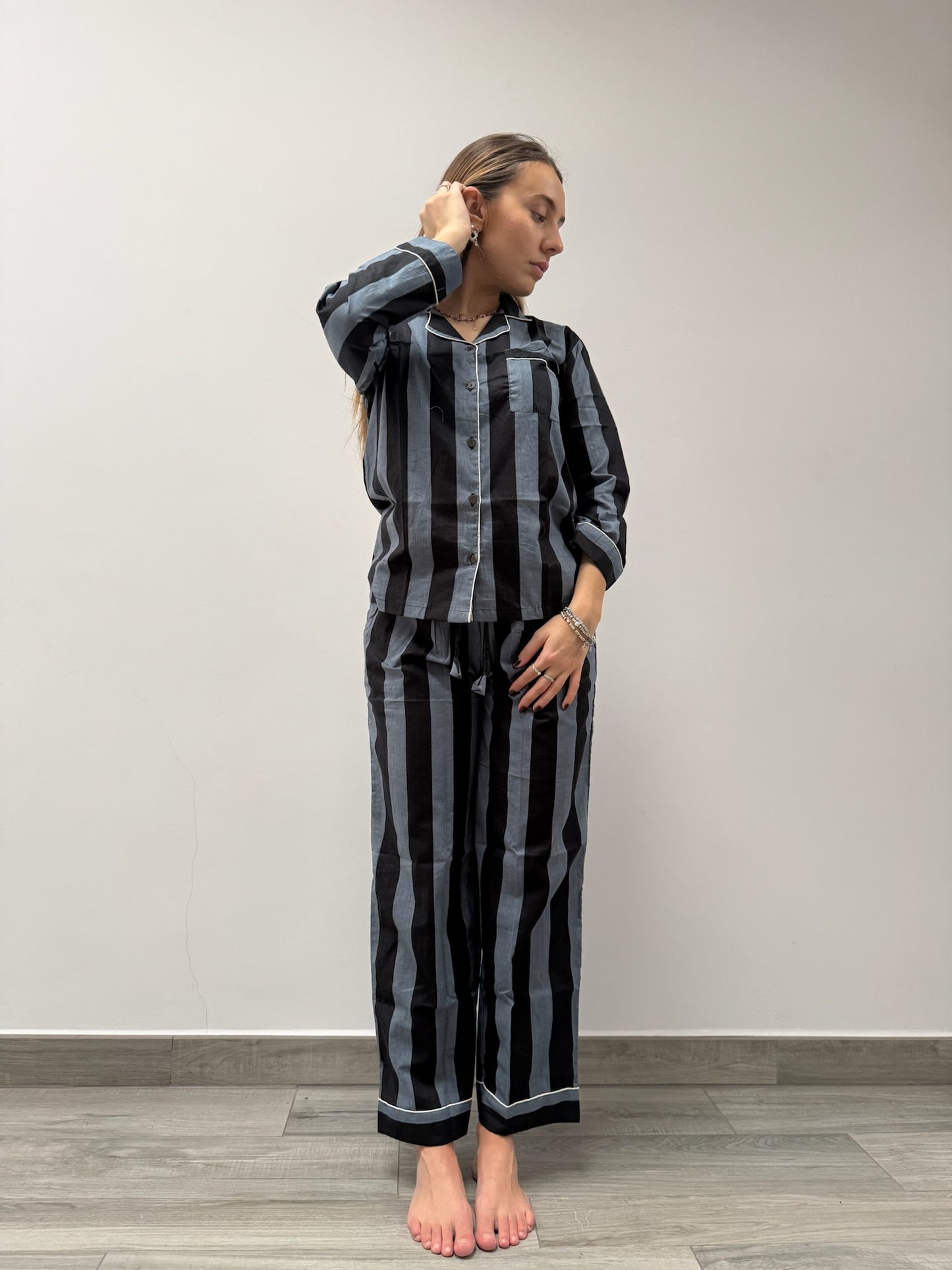 Pigiama 100% puro cotone organico a righe, made in Jaipur