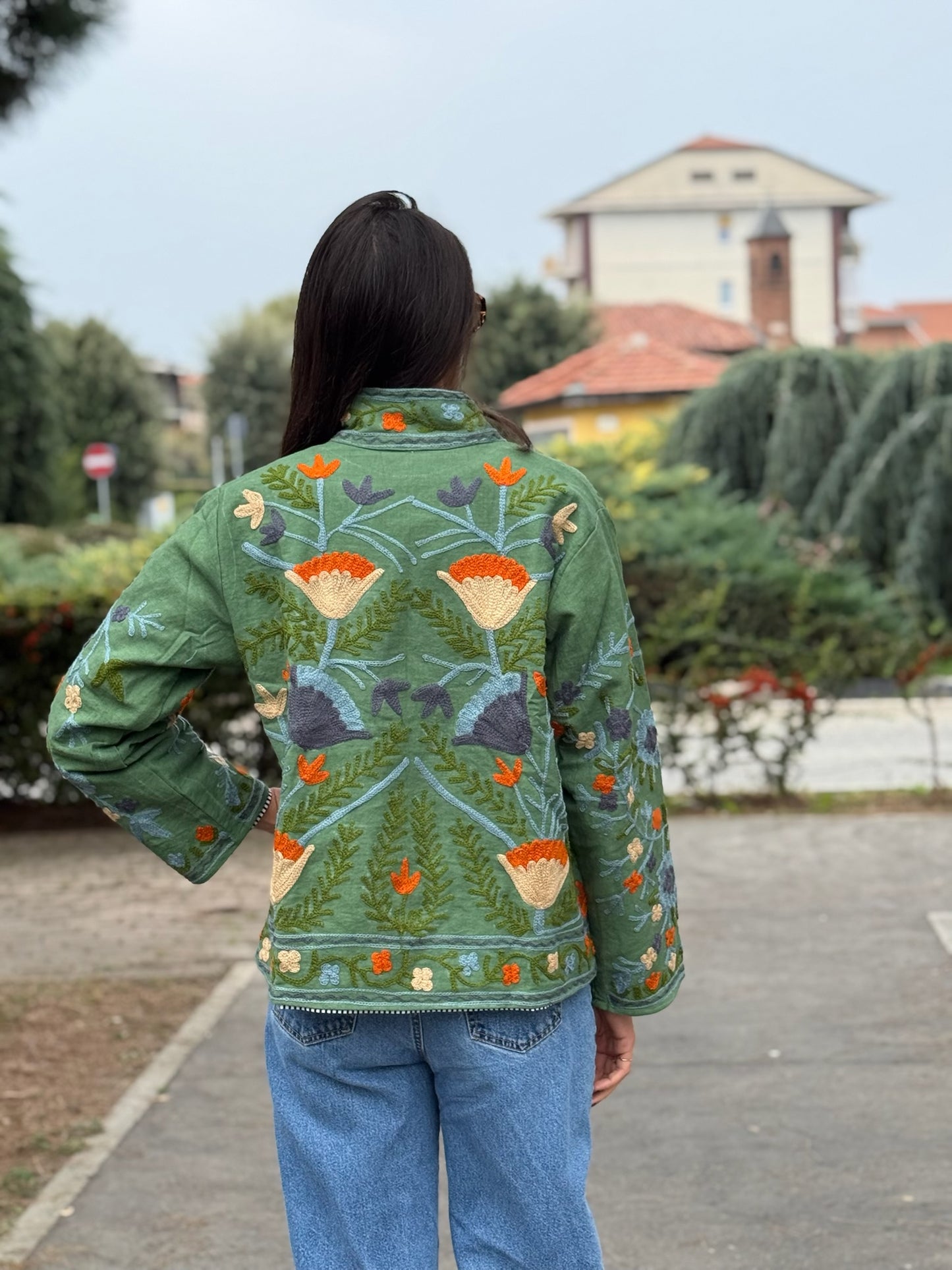 Giacca verde scuro stile boho ricamata a mano, made in Jaipur