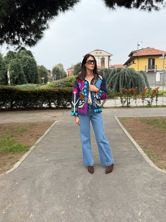 Giacca blu navy stile boho ricamata a mano, made in Jaipur
