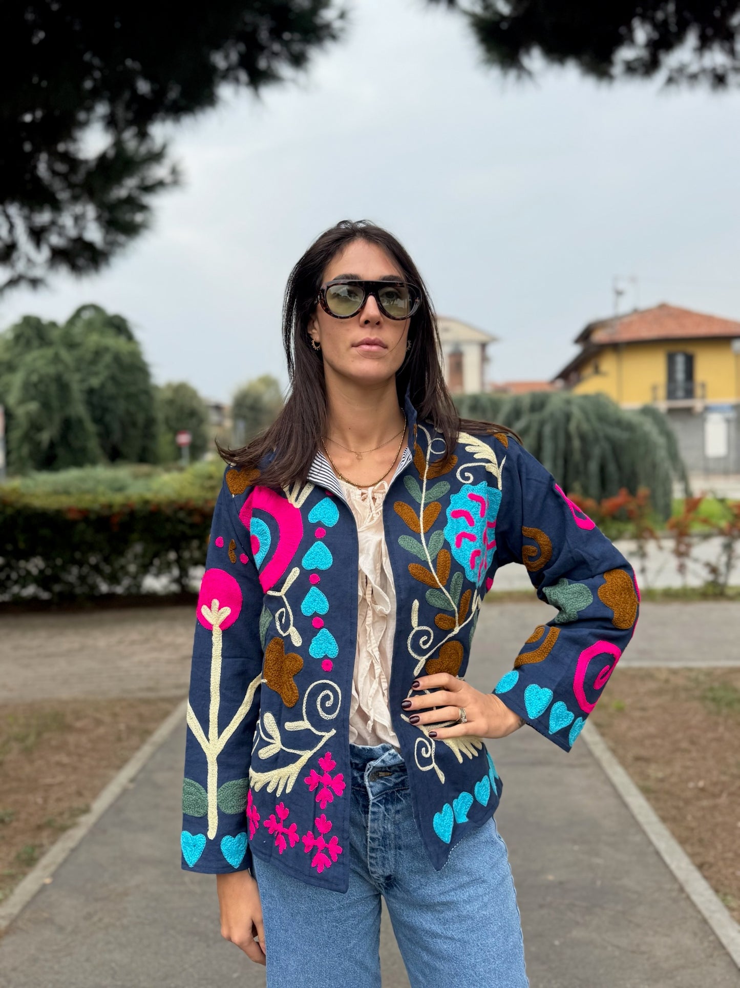 Giacca blu navy stile boho ricamata a mano, made in Jaipur