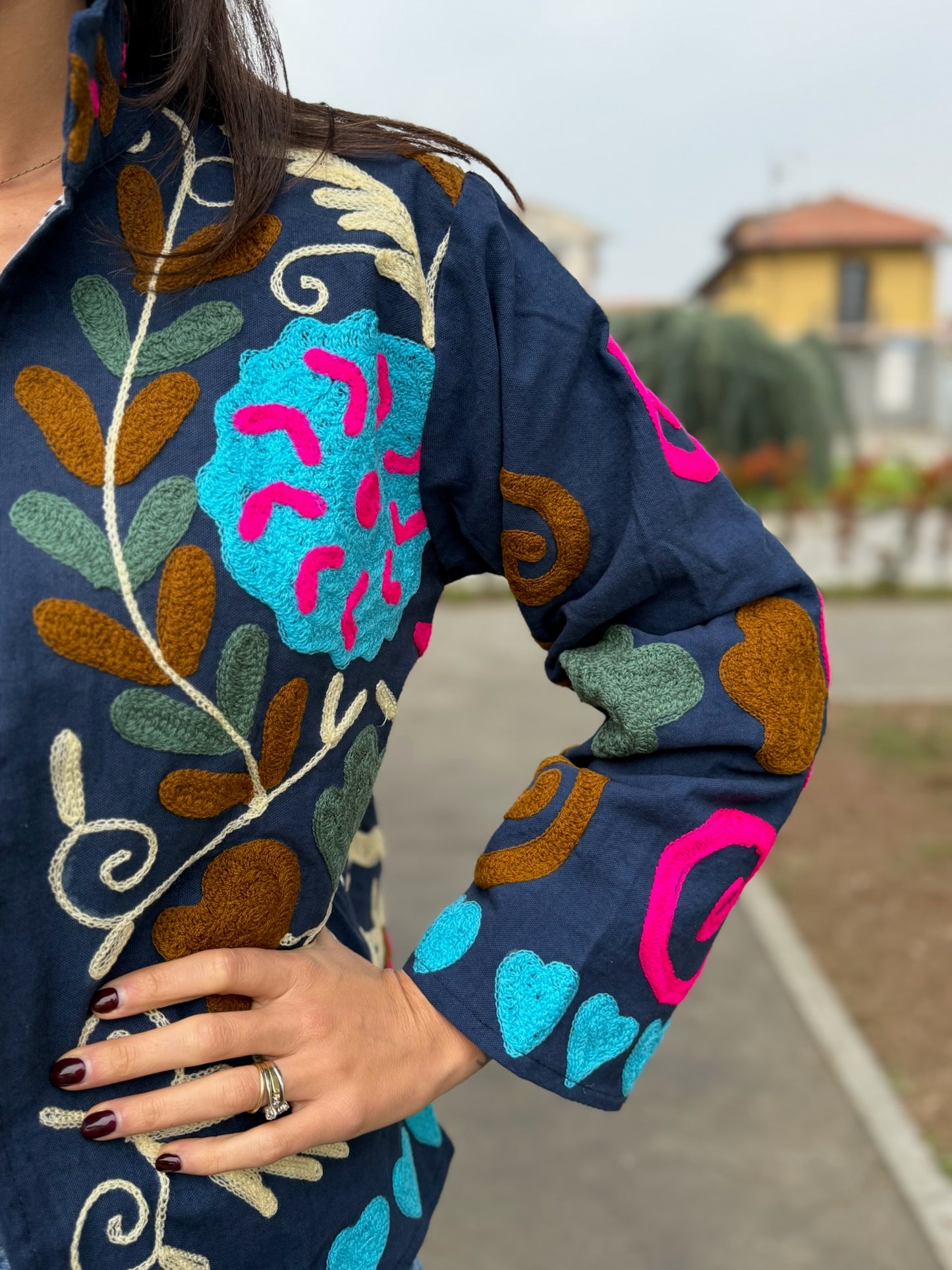 Giacca blu navy stile boho ricamata a mano, made in Jaipur