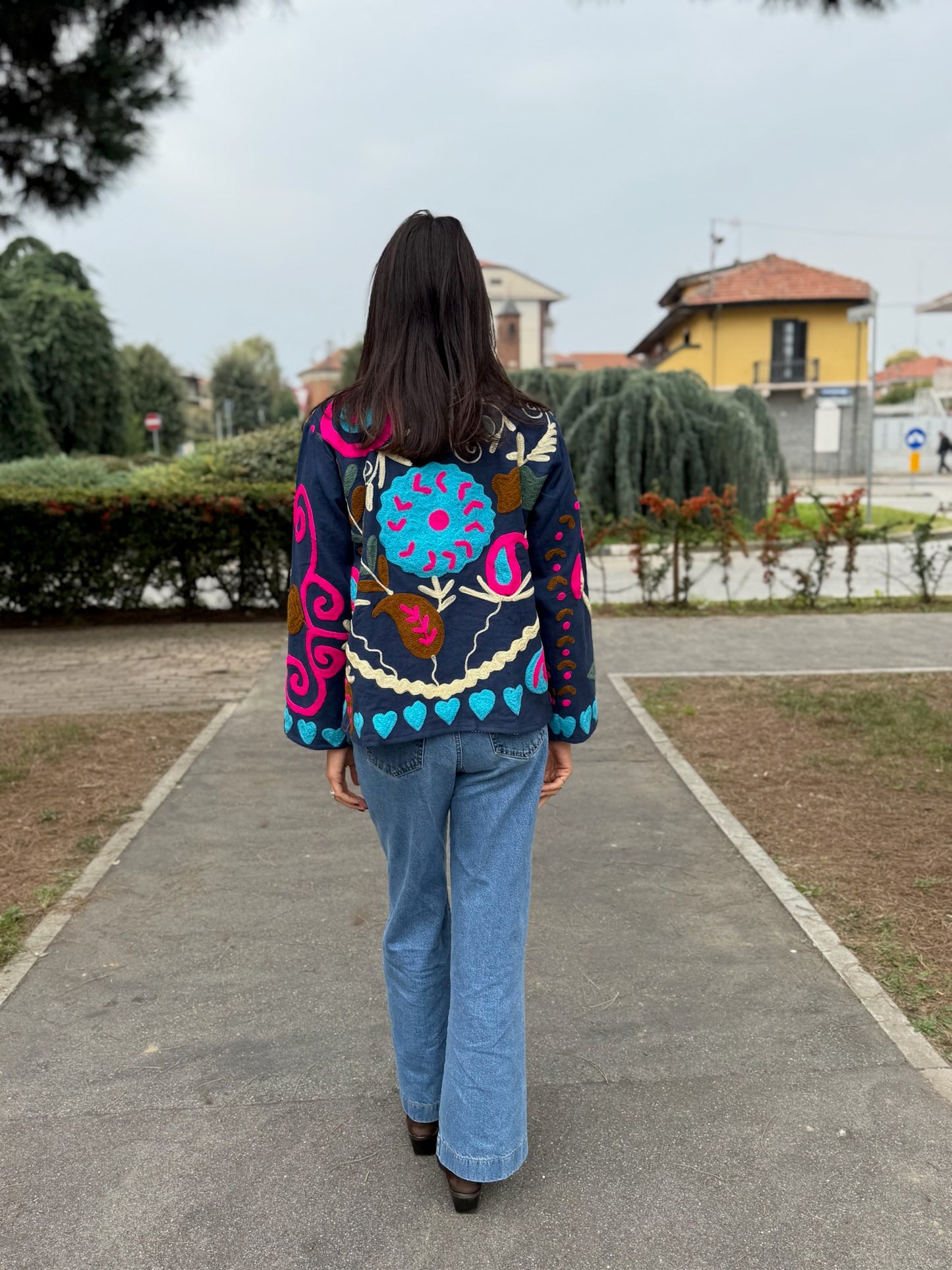 Giacca blu navy stile boho ricamata a mano, made in Jaipur