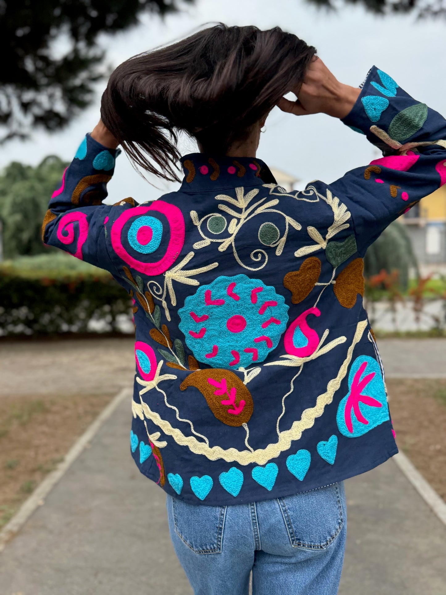 Giacca blu navy stile boho ricamata a mano, made in Jaipur