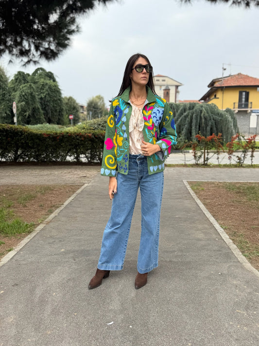 Giacca verde stile boho ricamata a mano, made in Jaipur