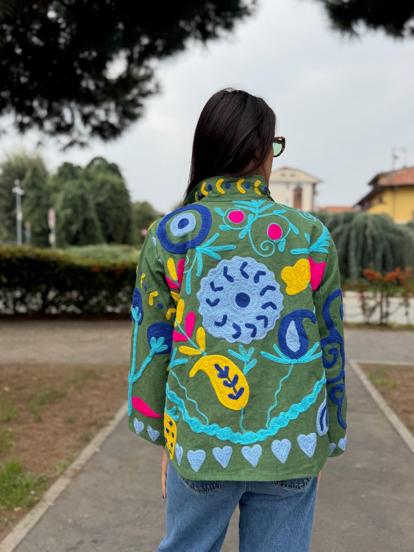 Giacca verde stile boho ricamata a mano, made in Jaipur