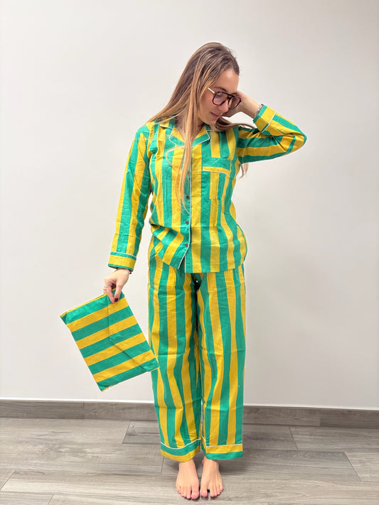 Pigiama 100% puro cotone organico a righe, made in Jaipur