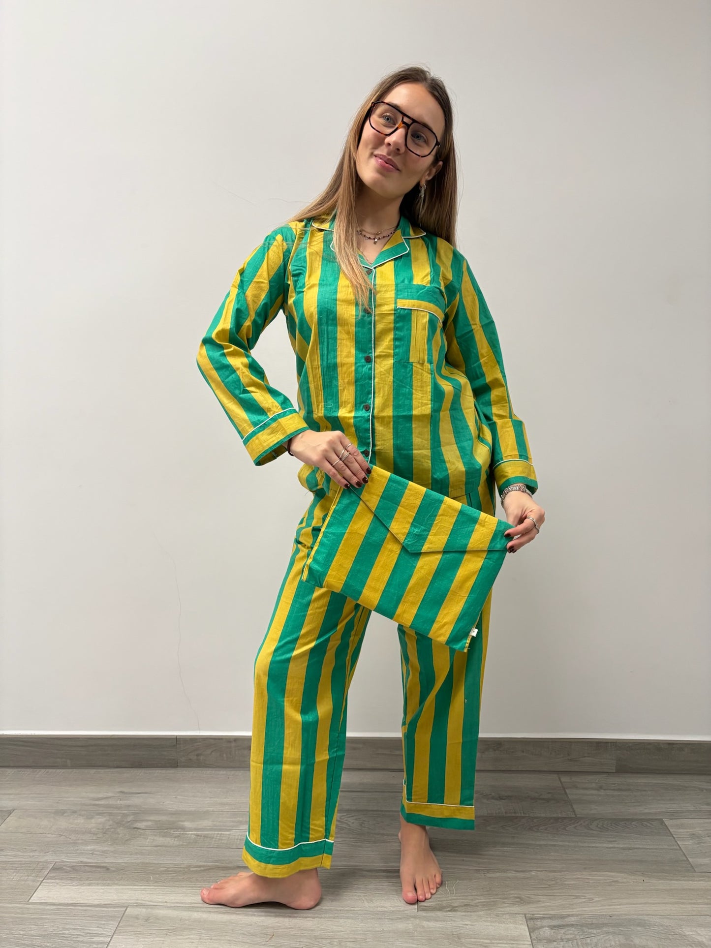 Pigiama 100% puro cotone organico a righe, made in Jaipur