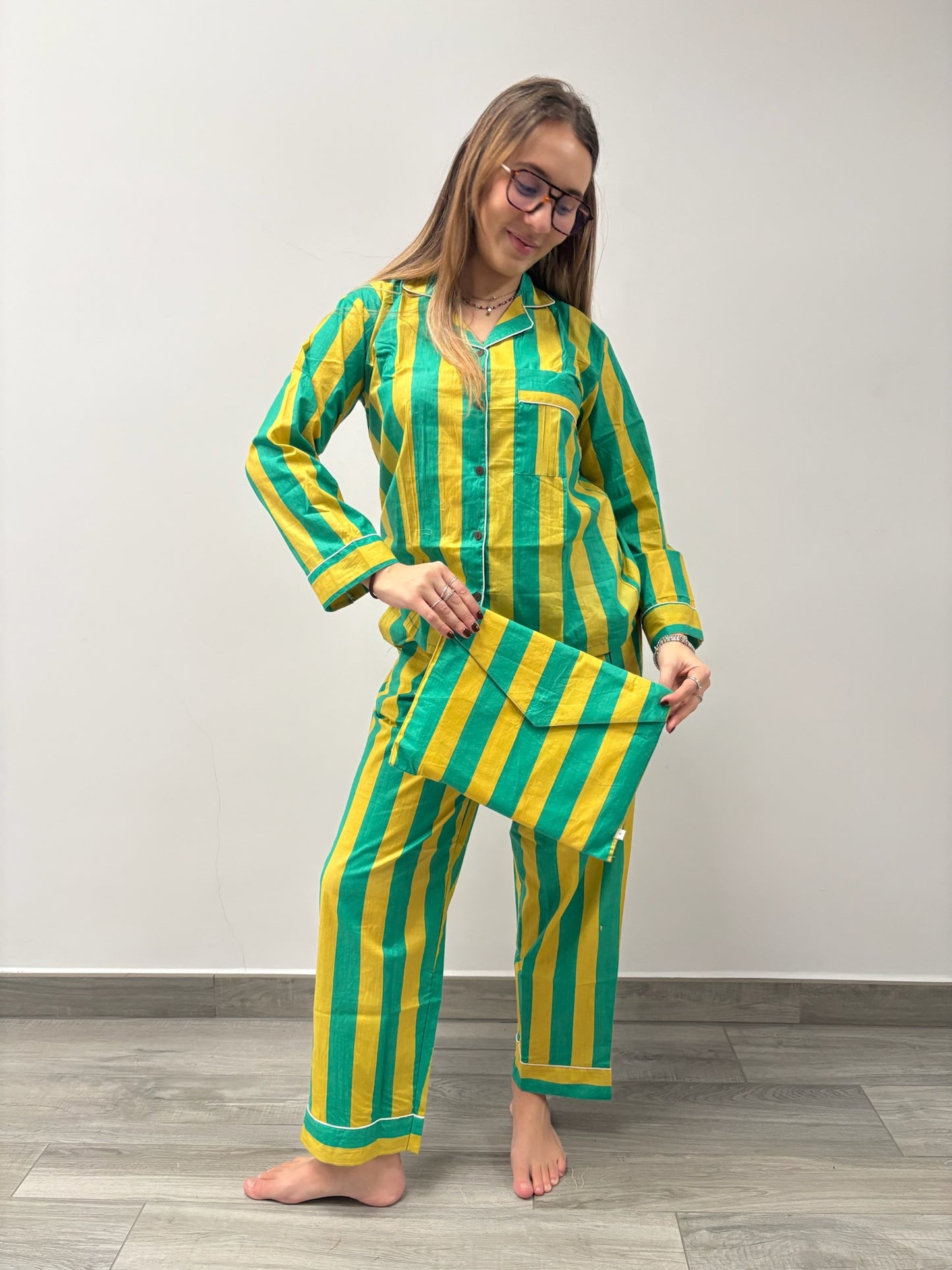 Pigiama 100% puro cotone organico a righe, made in Jaipur