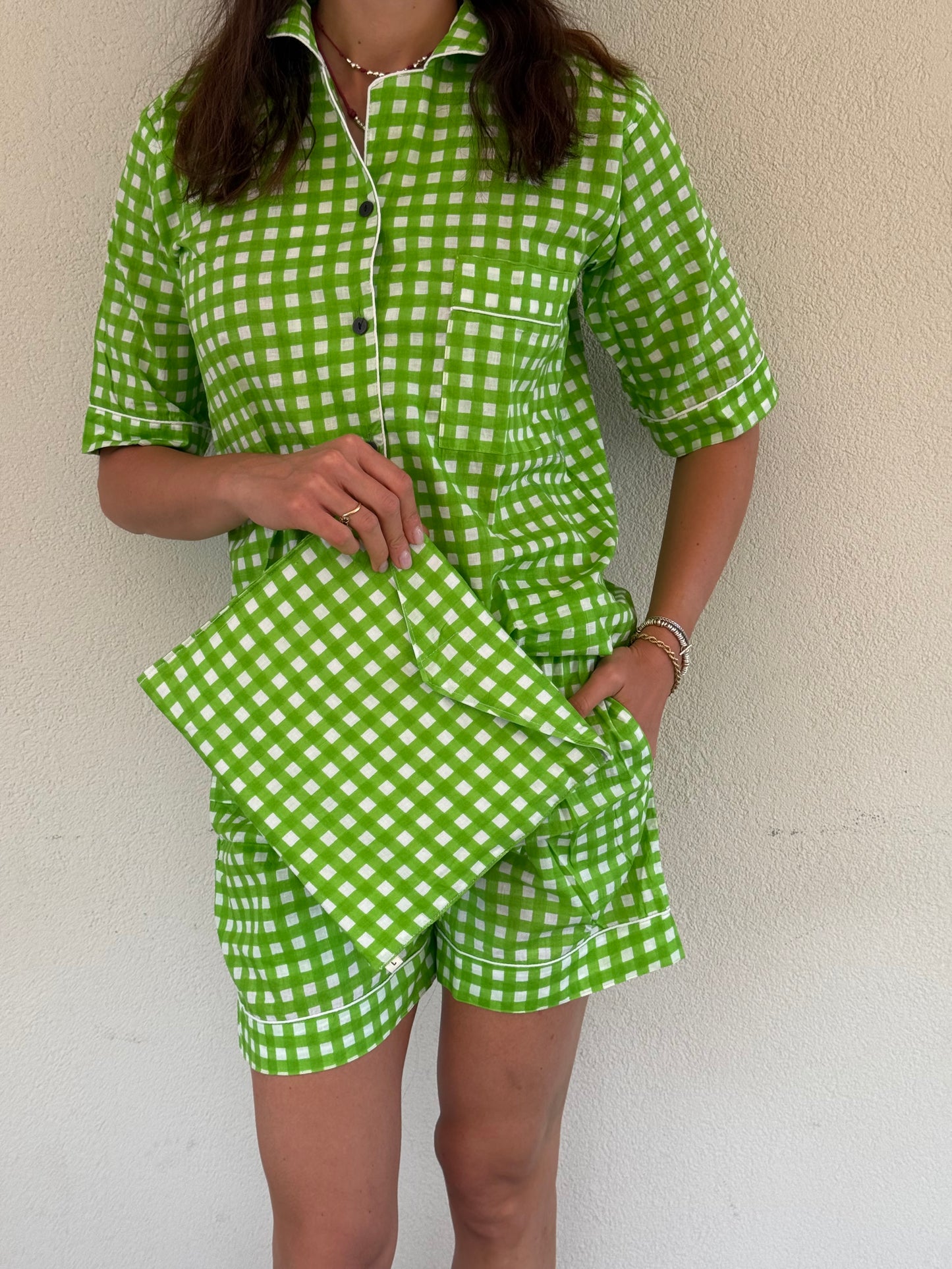 Pigiama corto 100% puro cotone organico quadri verde, made in Jaipur