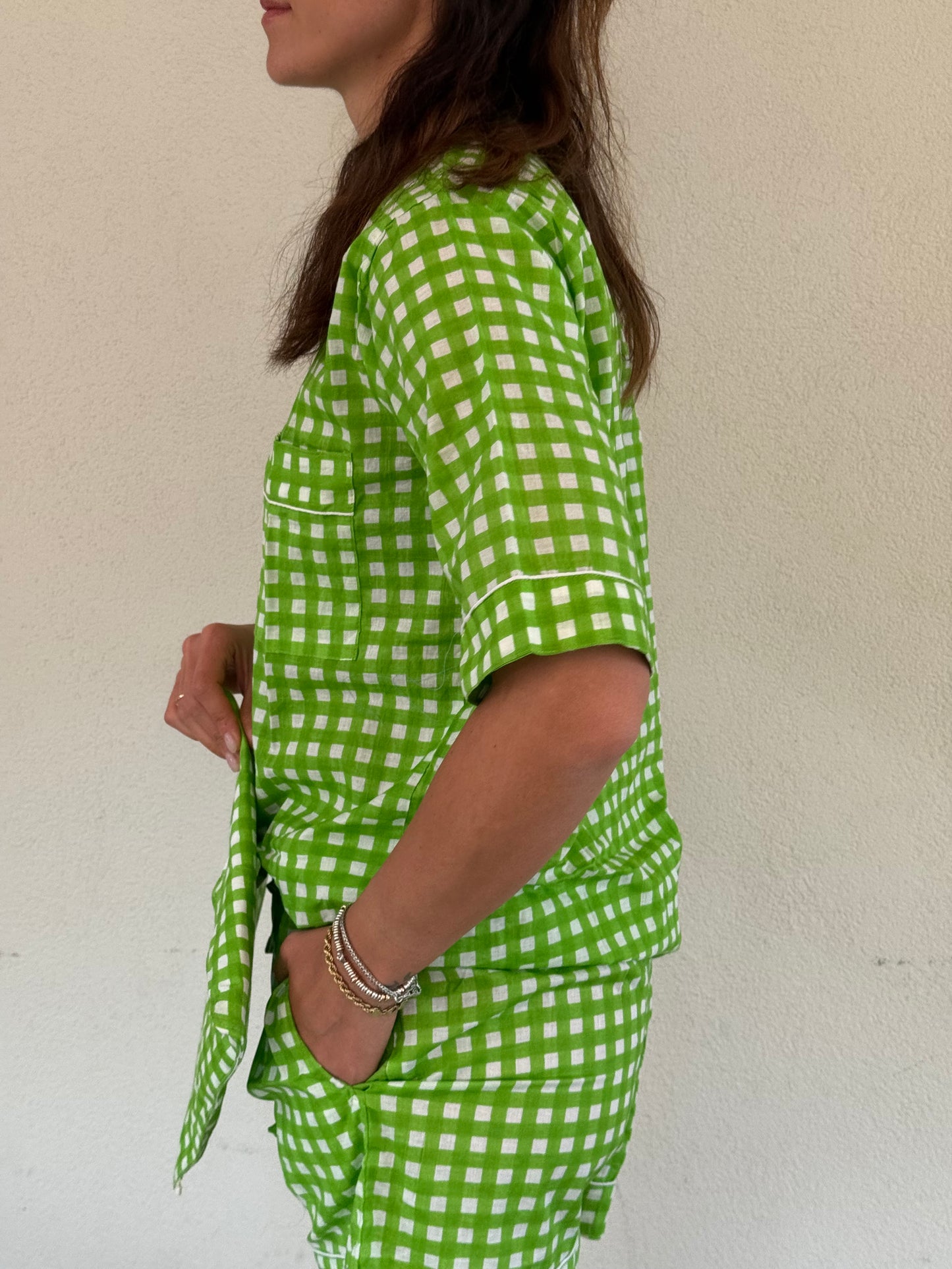 Pigiama corto 100% puro cotone organico quadri verde, made in Jaipur