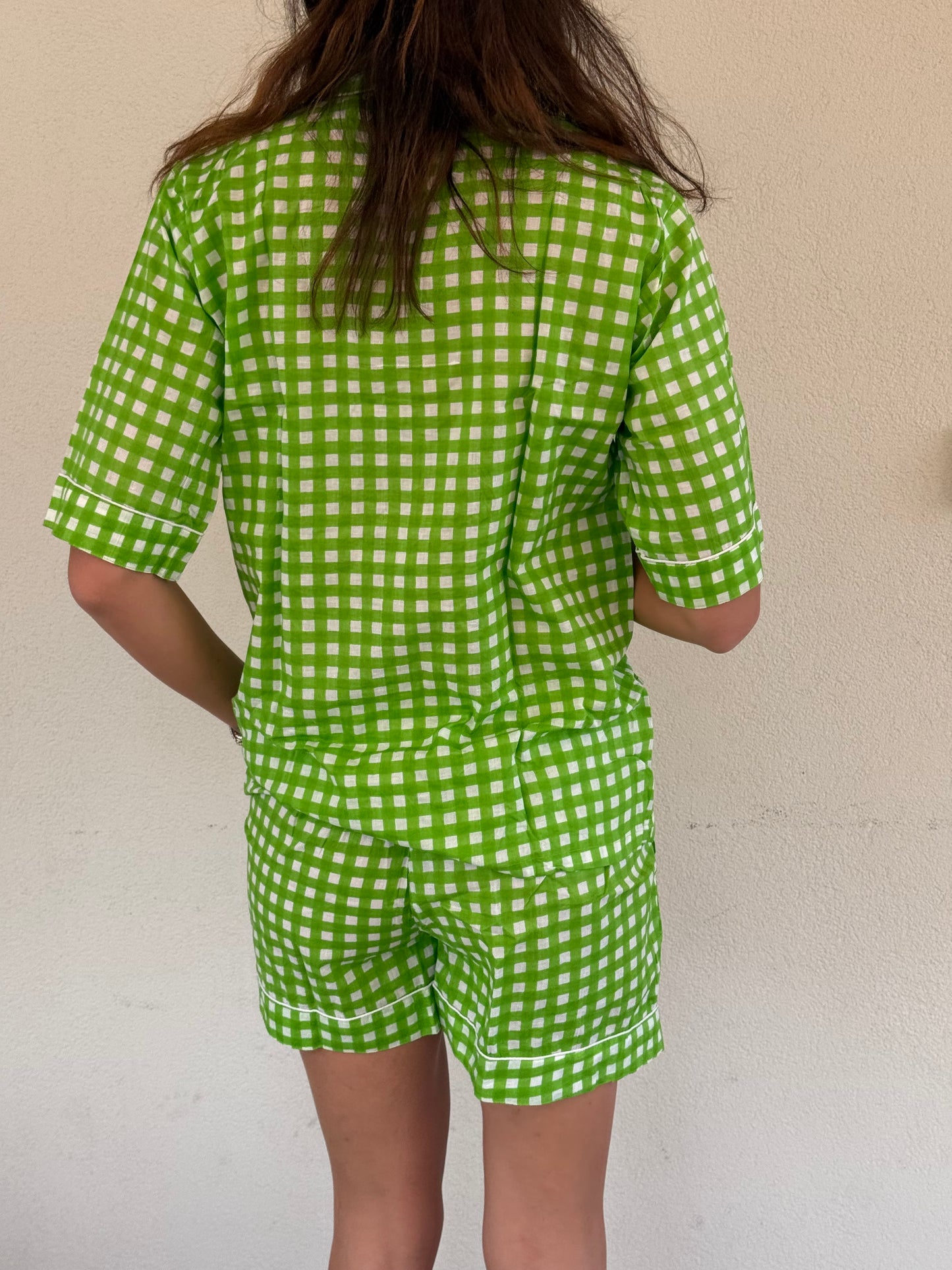 Pigiama corto 100% puro cotone organico quadri verde, made in Jaipur