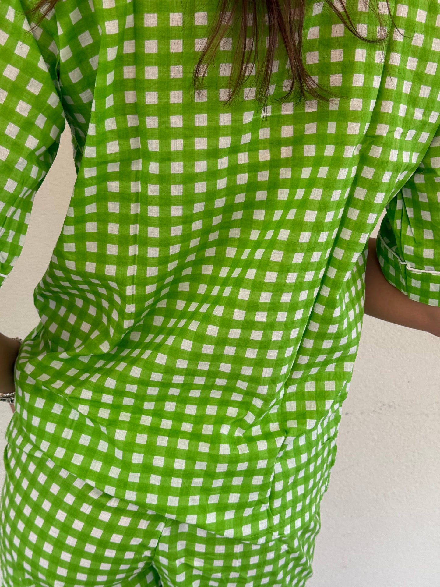 Pigiama corto 100% puro cotone organico quadri verde, made in Jaipur