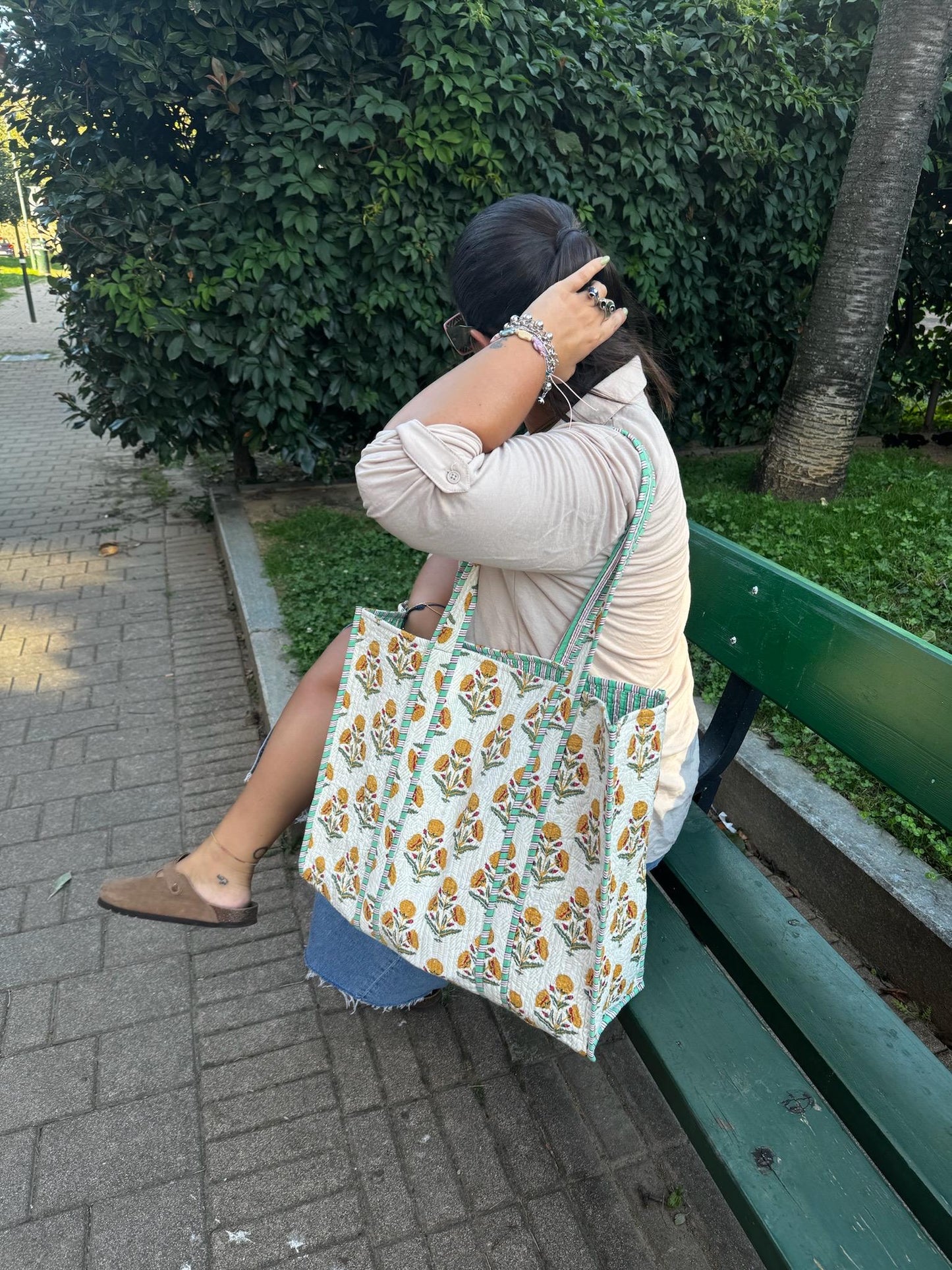 Borsa shopping a spalla stampata in cotone, Borsa trapuntata fatta a mano da donna, borsa tote fatte a mano etniche, Borsa made in India