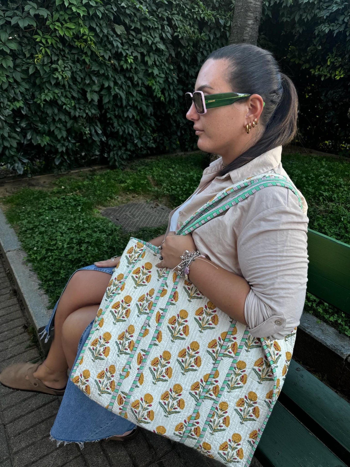 Borsa shopping a spalla stampata in cotone, Borsa trapuntata fatta a mano da donna, borsa tote fatte a mano etniche, Borsa made in India